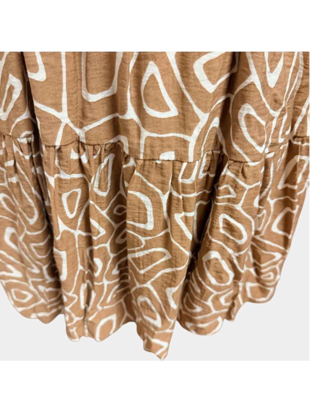 Boho Cutout Mini Dress Brown Abstract Print Puff Sleeve Festival L - Picture 15 of 16